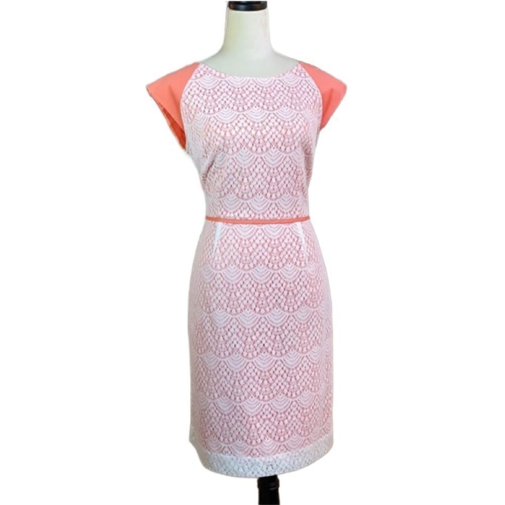 Alex Marie Peach Dress with White Lace Overlay, Cap Sleeves (Size: 8)